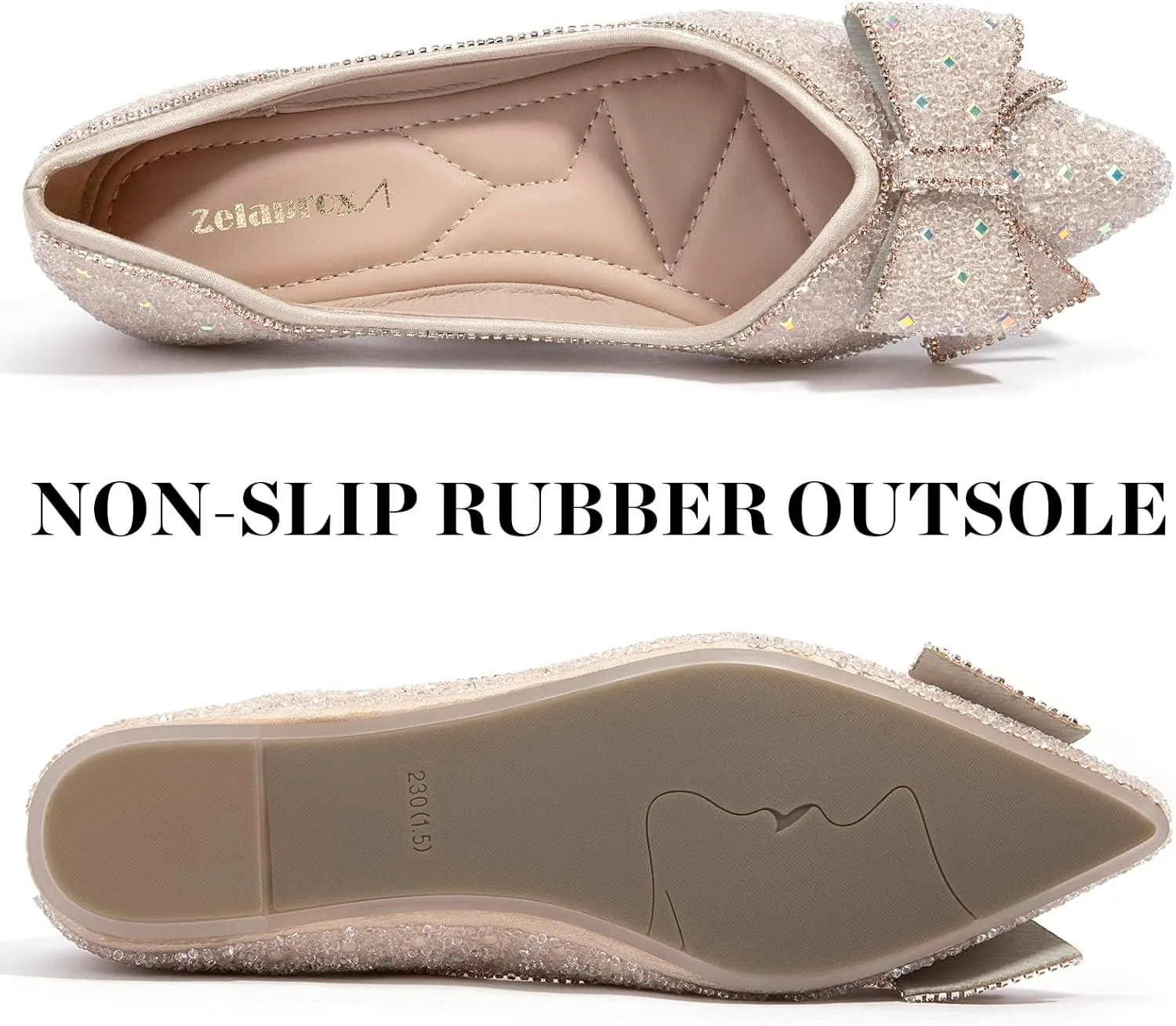 Zelaprox Women's Flats Shoes Rhinestone Pointed Toe Comfort Dressy Flat Silver Bowknot Casual Ballet Shoes
