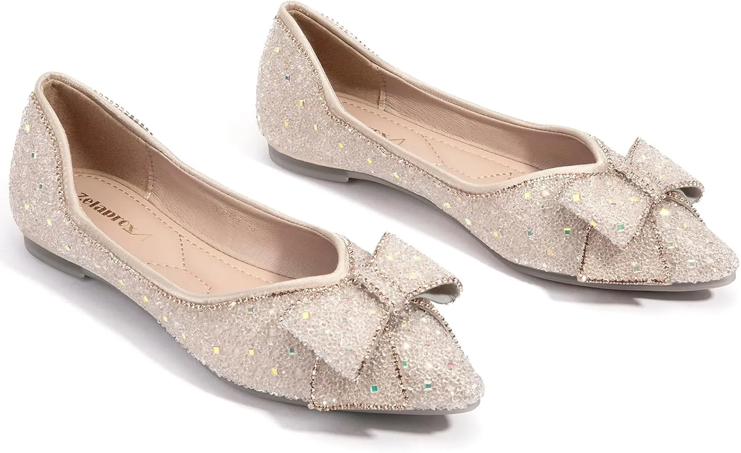 Zelaprox Women's Flats Shoes Rhinestone Pointed Toe Comfort Dressy Flat Silver Bowknot Casual Ballet Shoes