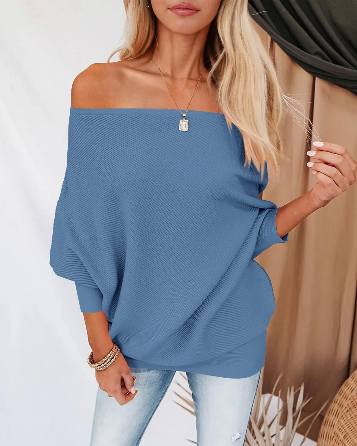 Zenlonr Women's Fall Sweaters 2025 Casual Long Batwing Sleeve Loose Off Shoulder Knit Pullovers Jumper Tops