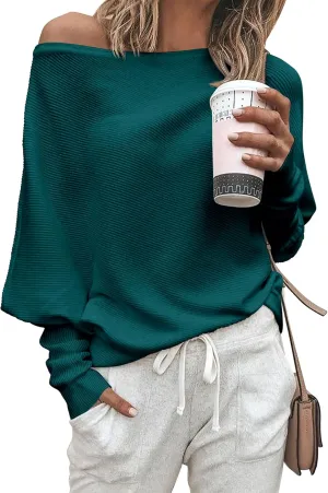 Zenlonr Women's Fall Sweaters 2025 Casual Long Batwing Sleeve Loose Off Shoulder Knit Pullovers Jumper Tops