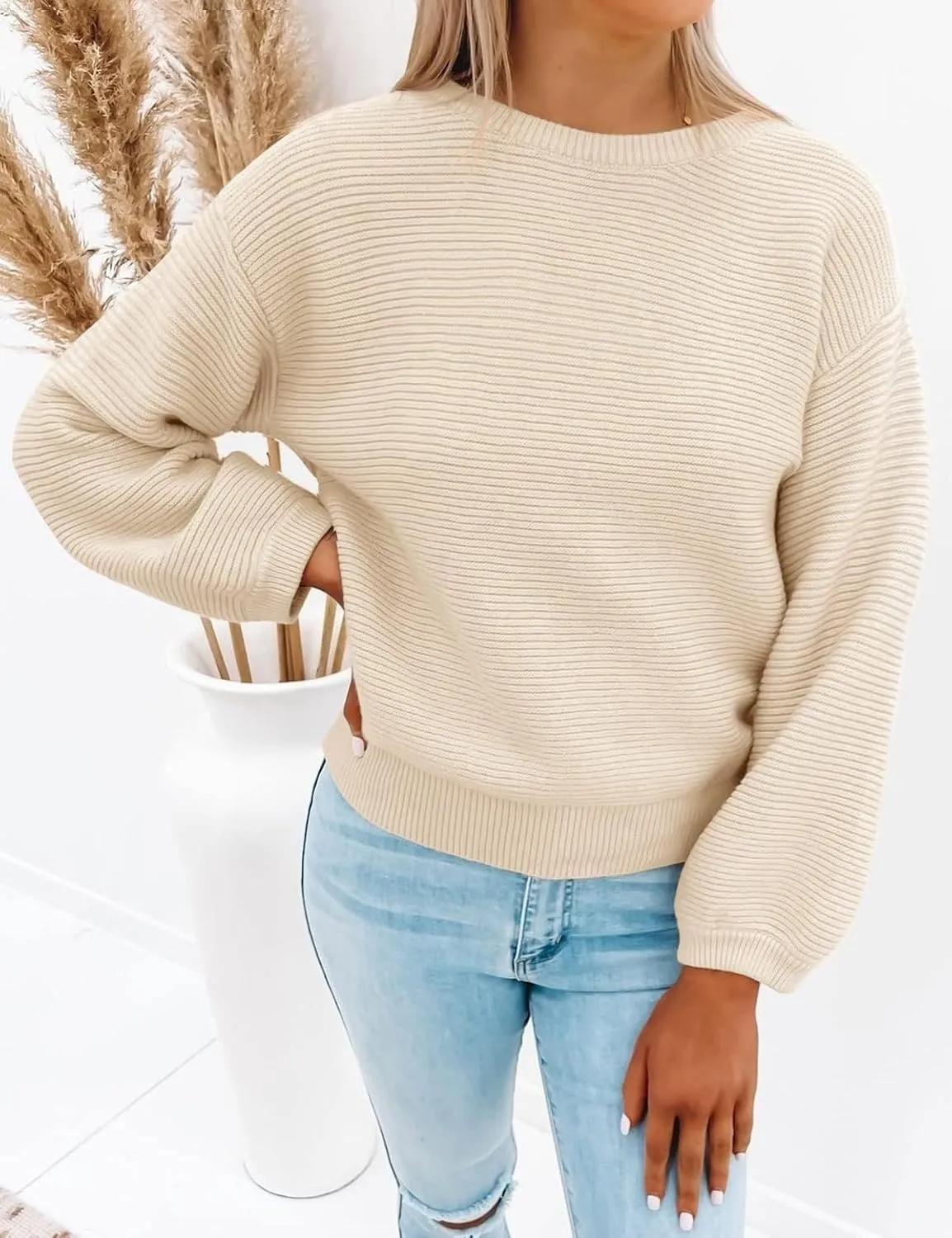 ZESICA Women's Crew Neck Long Lantern Sleeve Casual Loose Ribbed Knit Solid Soft Pullover Sweater Tops
