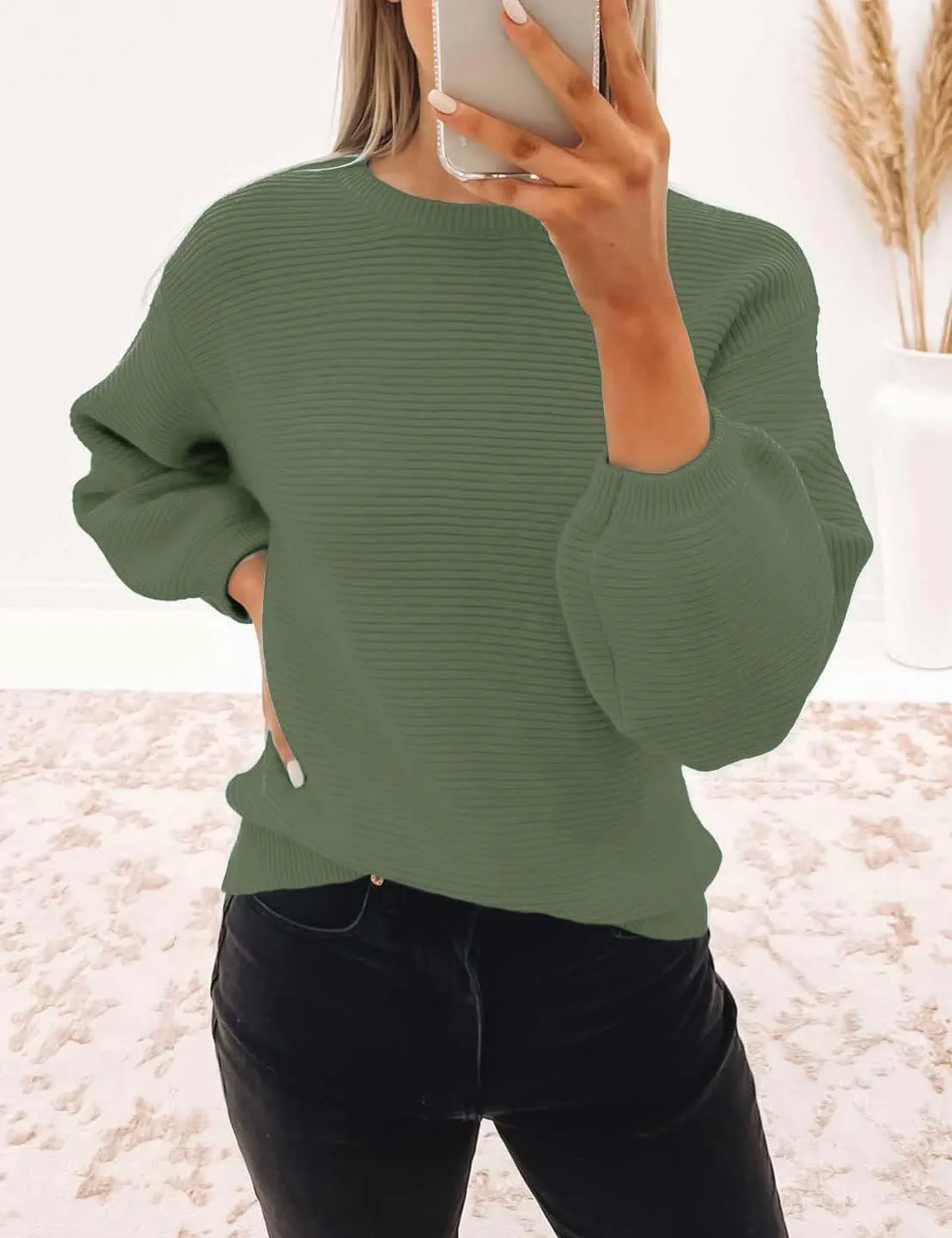 ZESICA Women's Crew Neck Long Lantern Sleeve Casual Loose Ribbed Knit Solid Soft Pullover Sweater Tops