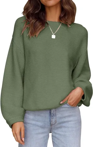 ZESICA Women's Crew Neck Long Lantern Sleeve Casual Loose Ribbed Knit Solid Soft Pullover Sweater Tops