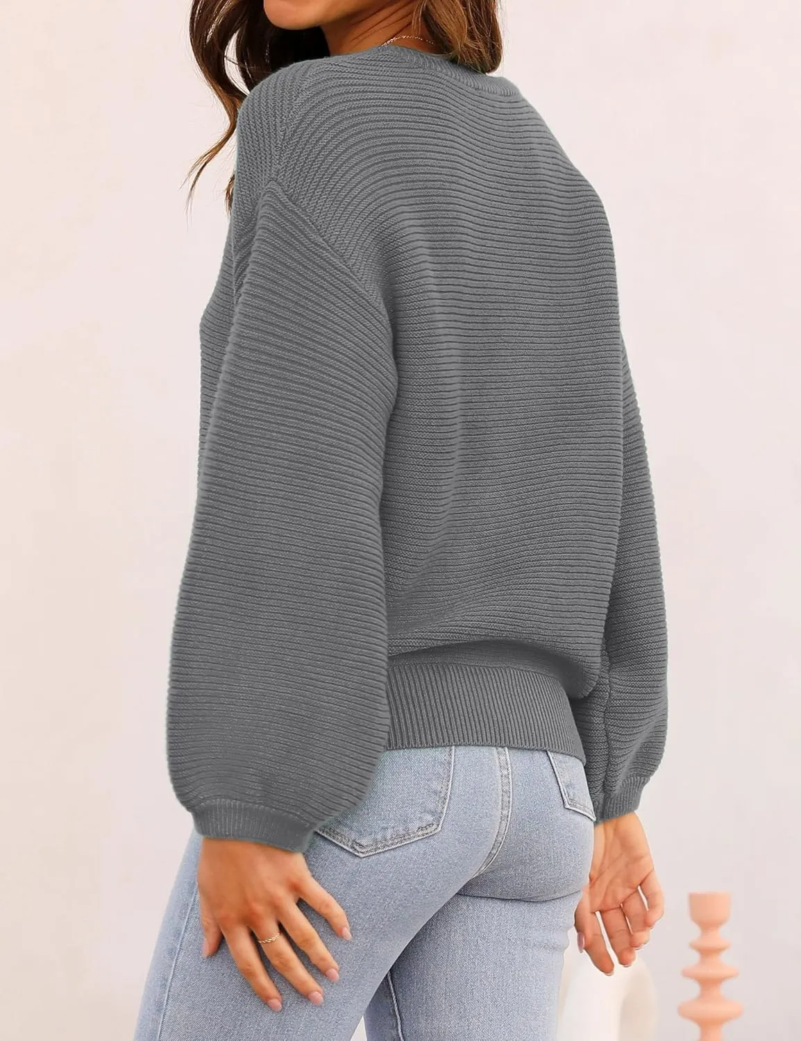 ZESICA Women's Crew Neck Long Lantern Sleeve Casual Loose Ribbed Knit Solid Soft Pullover Sweater Tops