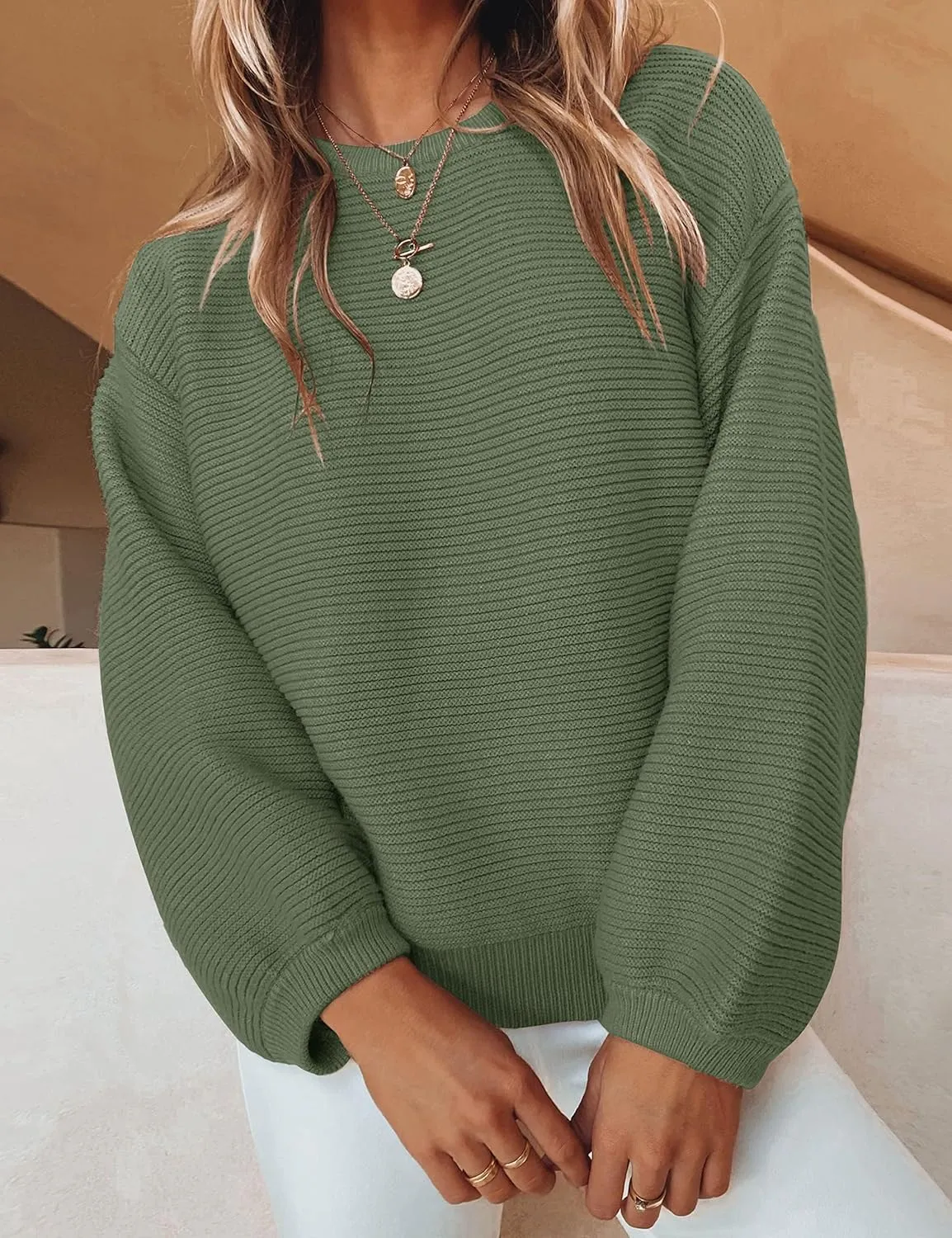 ZESICA Women's Crew Neck Long Lantern Sleeve Casual Loose Ribbed Knit Solid Soft Pullover Sweater Tops