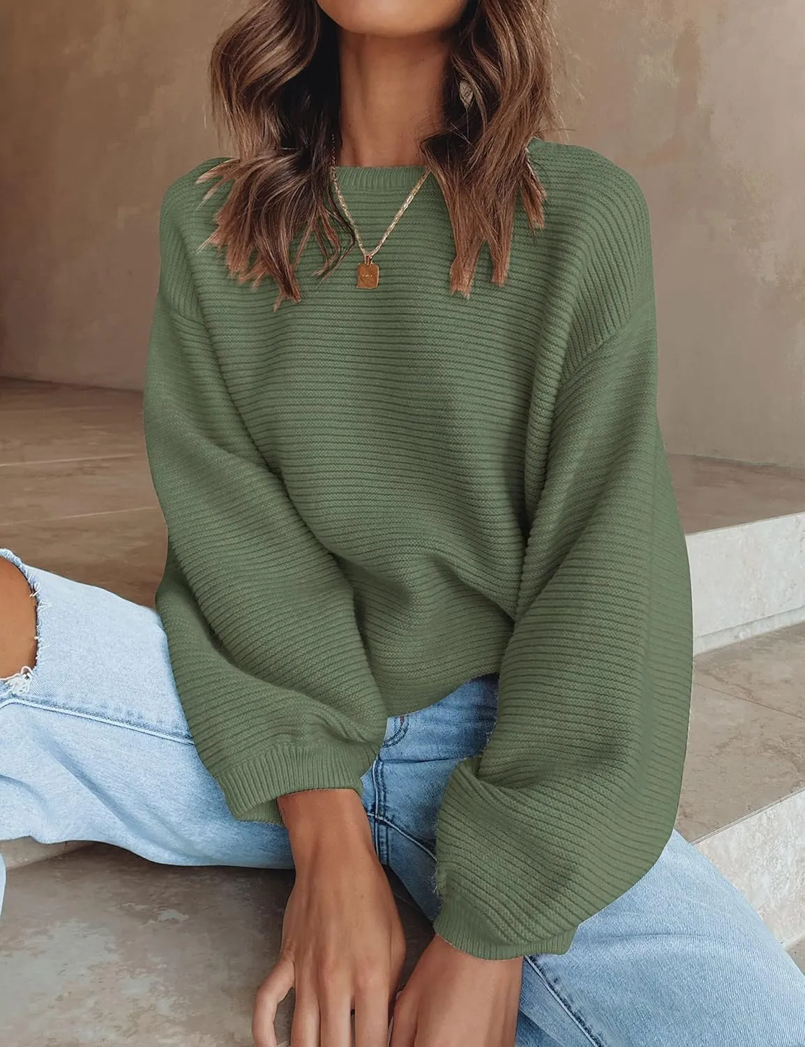 ZESICA Women's Crew Neck Long Lantern Sleeve Casual Loose Ribbed Knit Solid Soft Pullover Sweater Tops