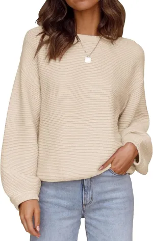 ZESICA Women's Crew Neck Long Lantern Sleeve Casual Loose Ribbed Knit Solid Soft Pullover Sweater Tops