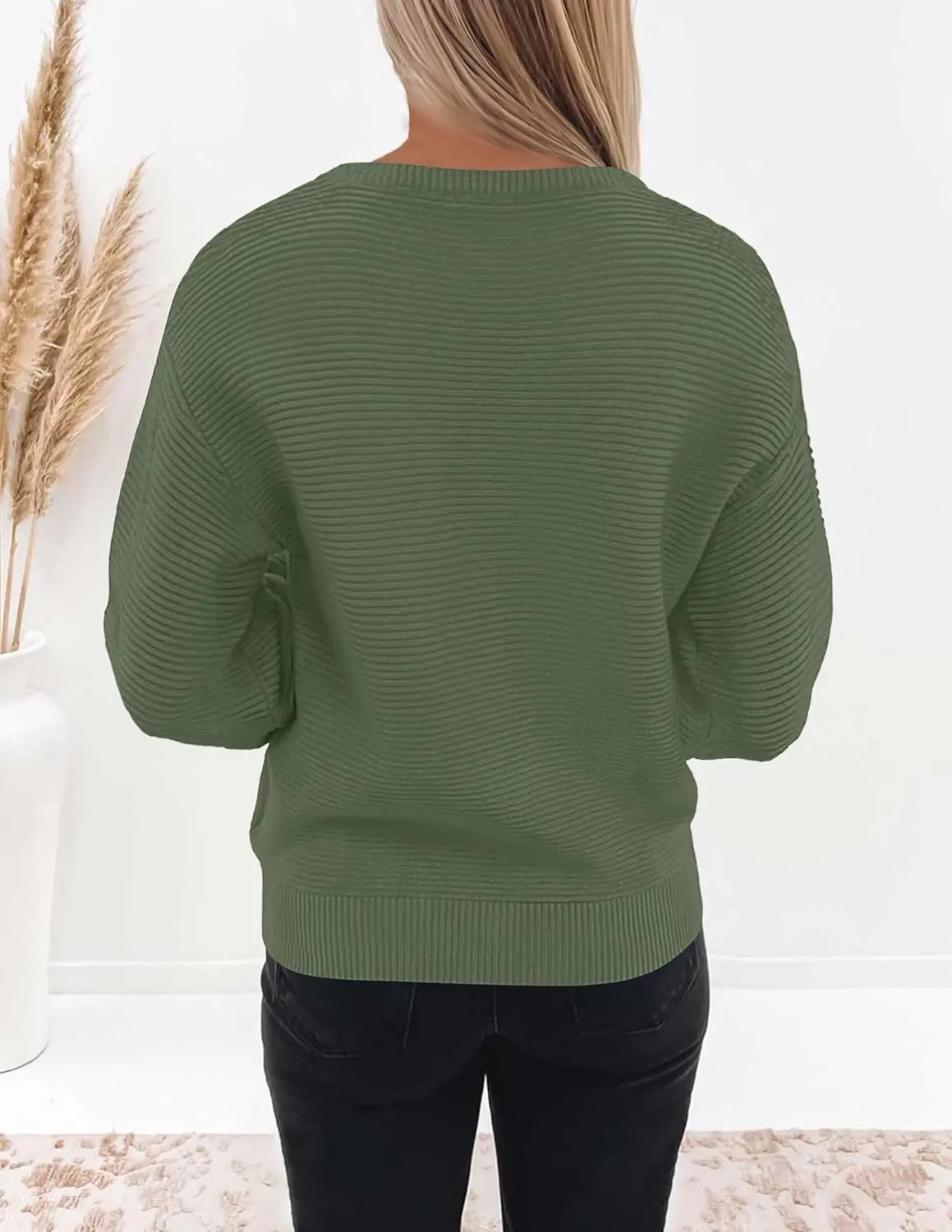 ZESICA Women's Crew Neck Long Lantern Sleeve Casual Loose Ribbed Knit Solid Soft Pullover Sweater Tops
