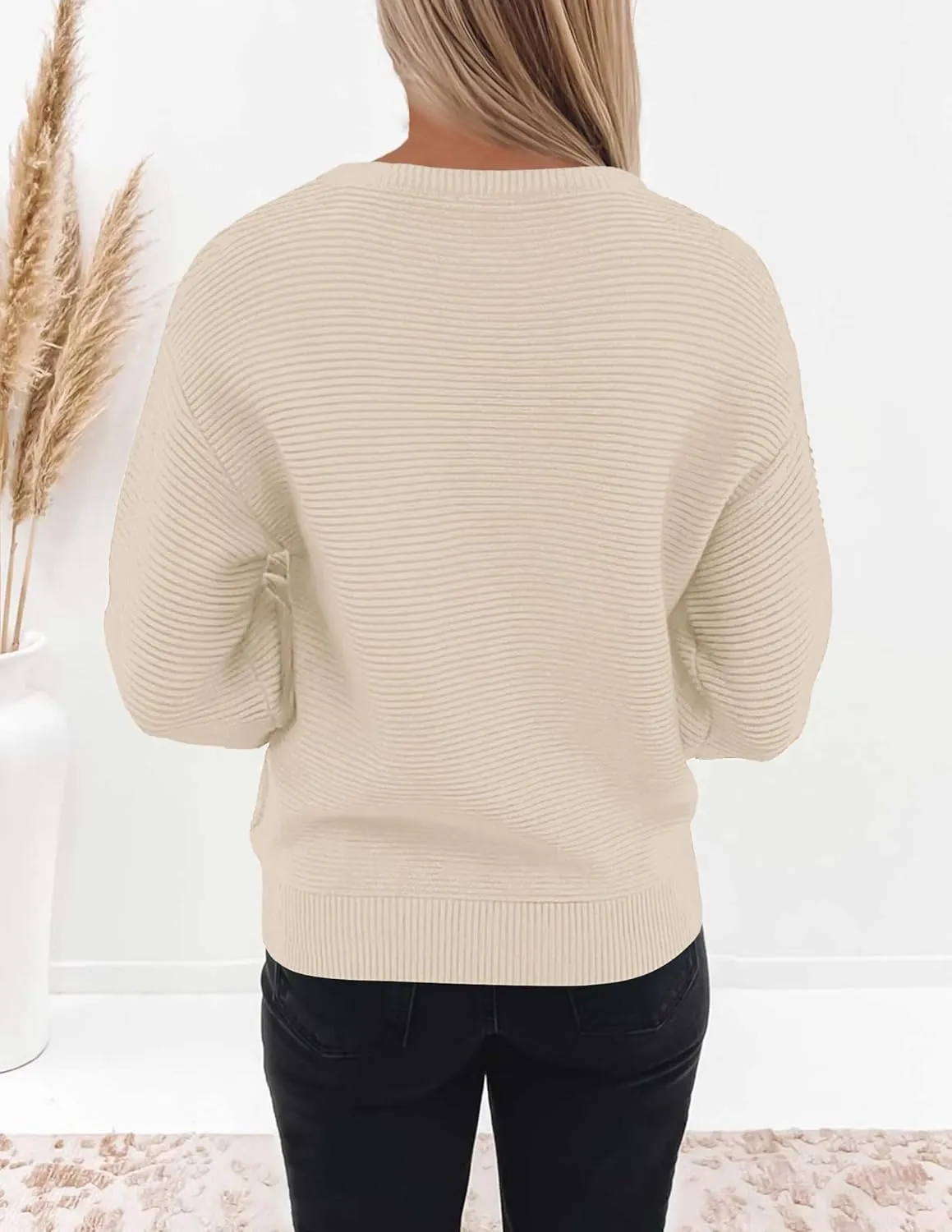 ZESICA Women's Crew Neck Long Lantern Sleeve Casual Loose Ribbed Knit Solid Soft Pullover Sweater Tops