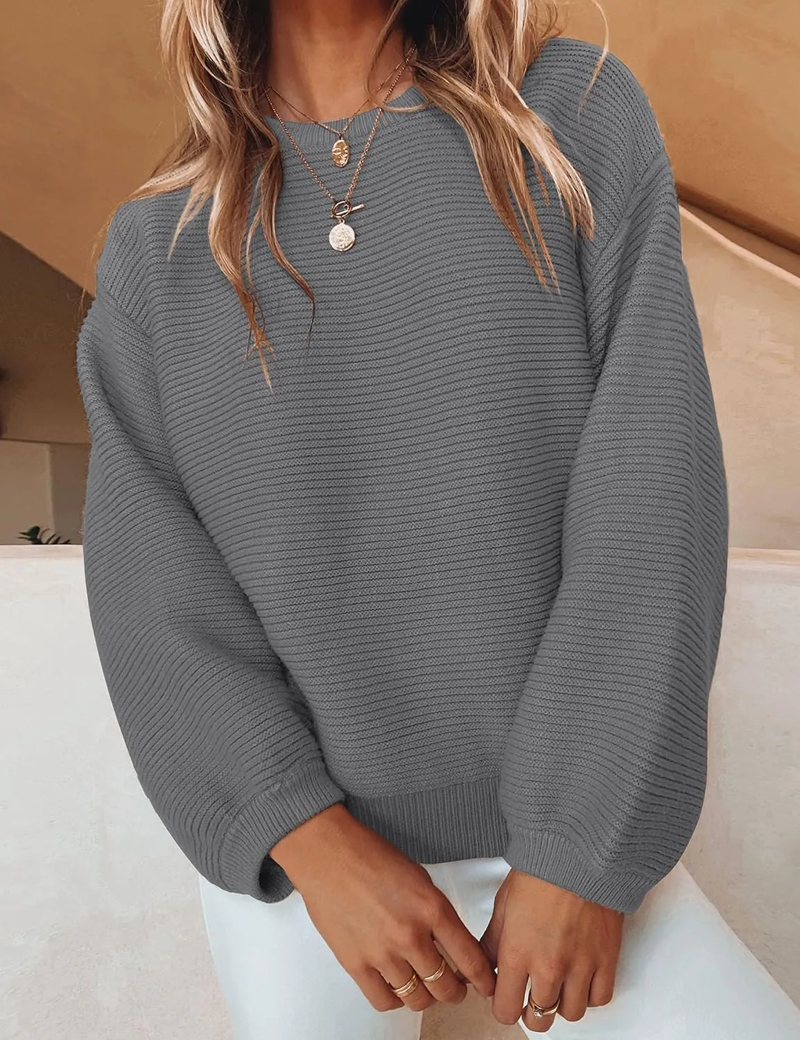 ZESICA Women's Crew Neck Long Lantern Sleeve Casual Loose Ribbed Knit Solid Soft Pullover Sweater Tops