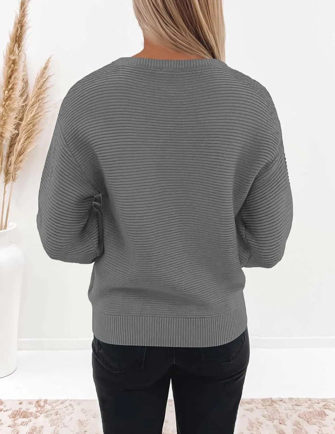 ZESICA Women's Crew Neck Long Lantern Sleeve Casual Loose Ribbed Knit Solid Soft Pullover Sweater Tops