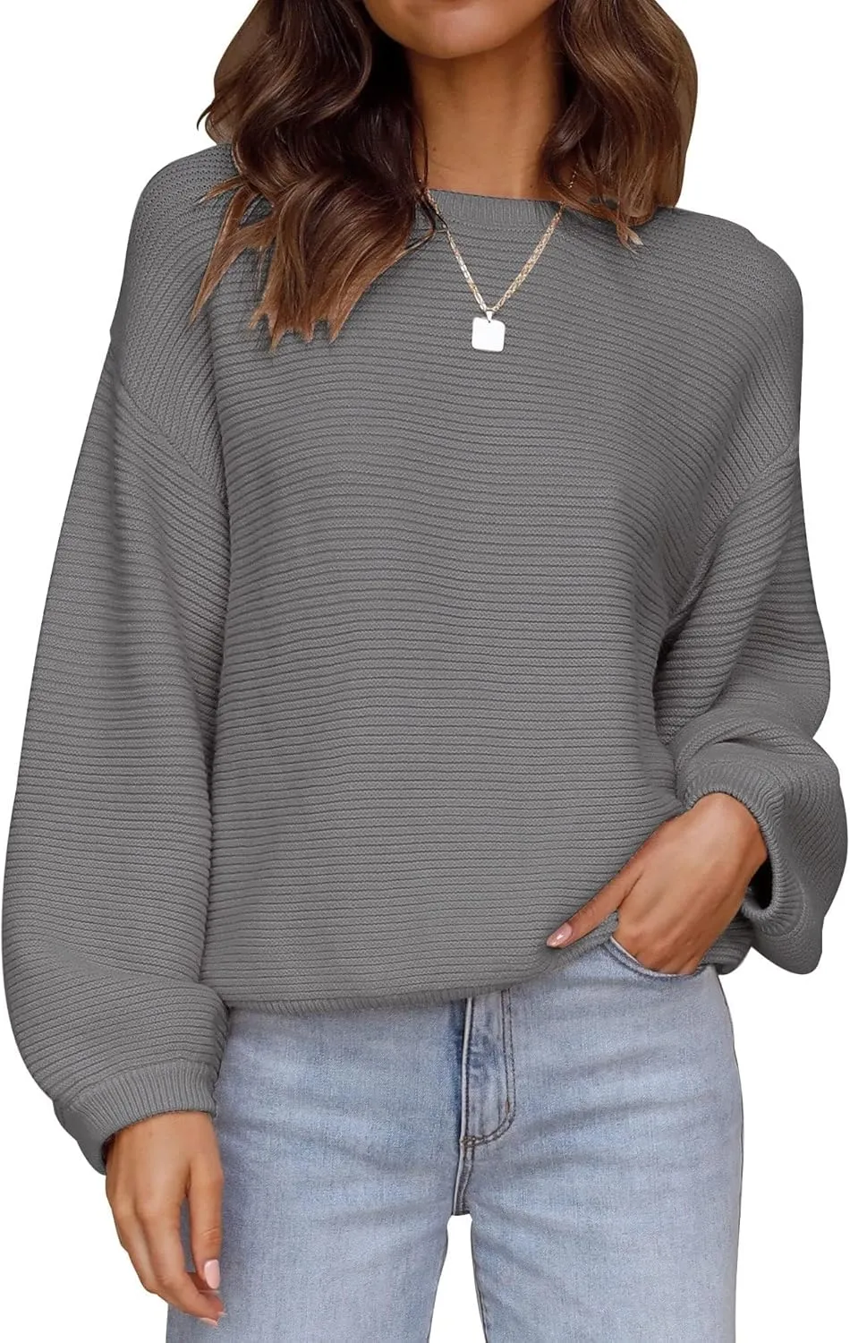 ZESICA Women's Crew Neck Long Lantern Sleeve Casual Loose Ribbed Knit Solid Soft Pullover Sweater Tops