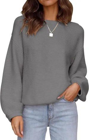 ZESICA Women's Crew Neck Long Lantern Sleeve Casual Loose Ribbed Knit Solid Soft Pullover Sweater Tops