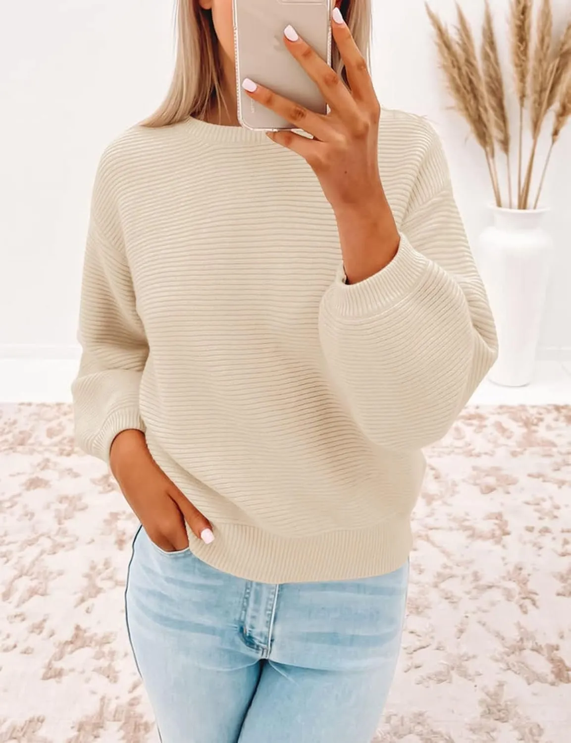 ZESICA Women's Crew Neck Long Lantern Sleeve Casual Loose Ribbed Knit Solid Soft Pullover Sweater Tops